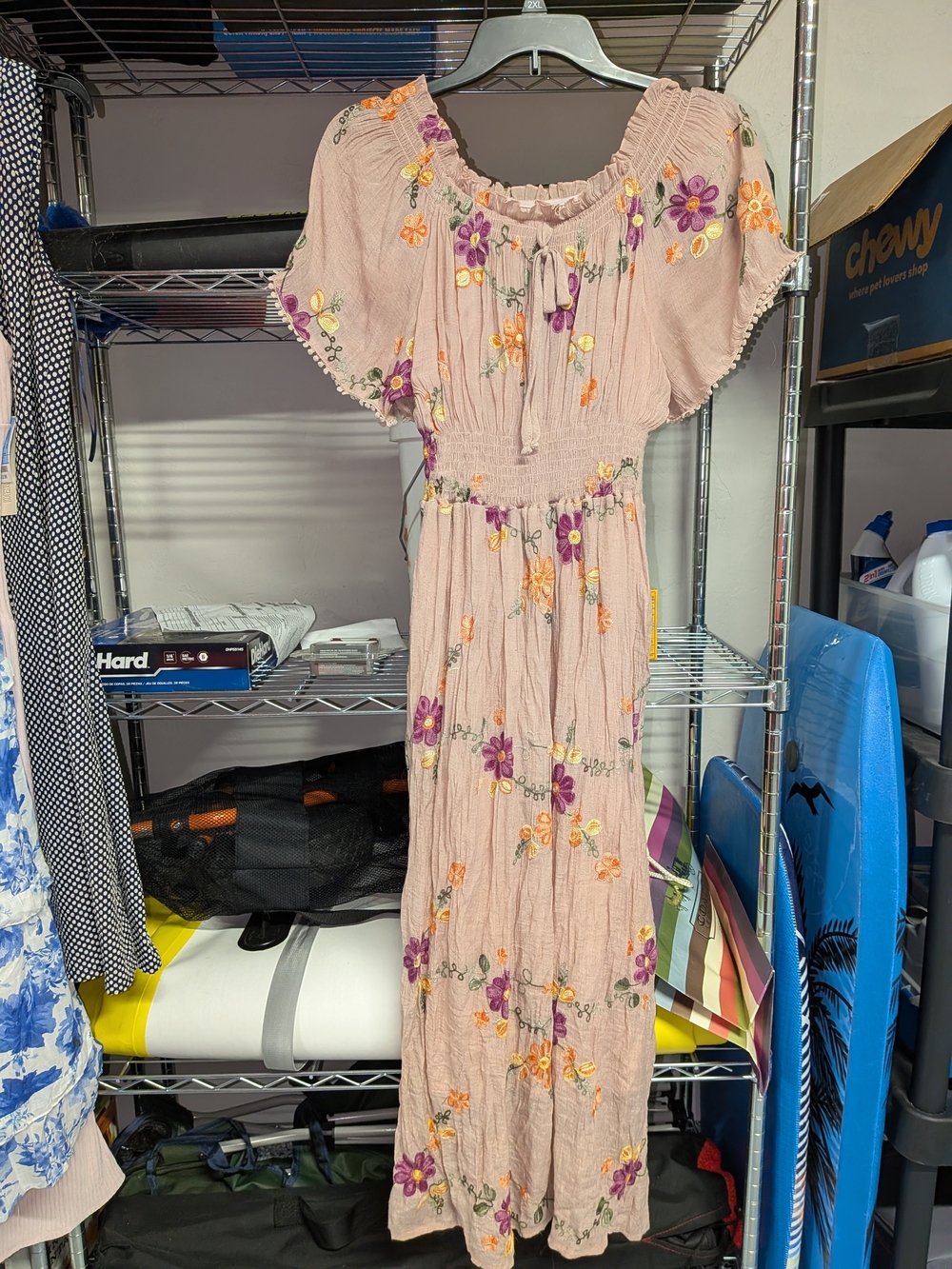 Embroidered Blossom Pink Maxi Dress with Smocked Waist